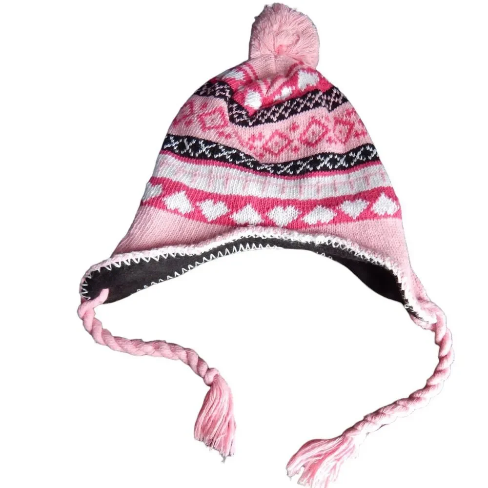 girls one size OS light pink knitted heart diamond winter beanie pom-pom hat